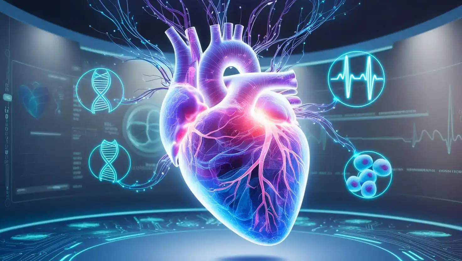 A glowing human heart appears suspended infront of holographic medical symbols like an ECG readout and a DNA structure. A futuristic image depicting the future of medicine.