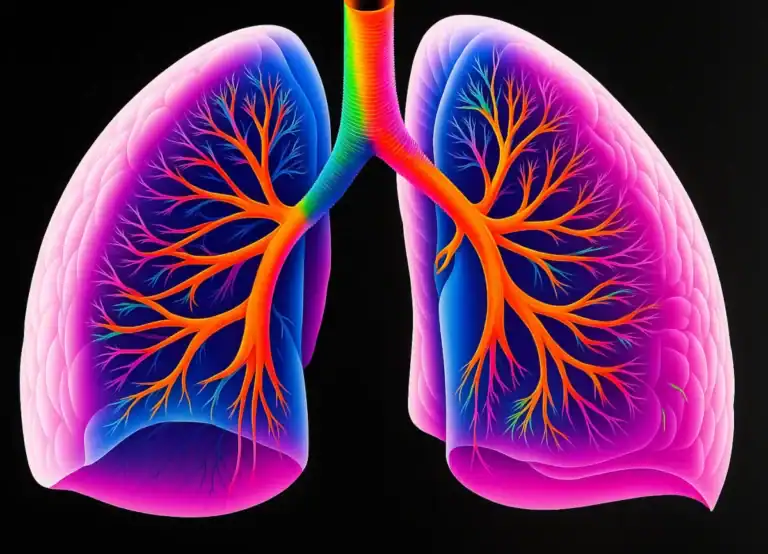 A stylised image of the lungs. The tubes are multicoloured and the lobes range from purple to blue.