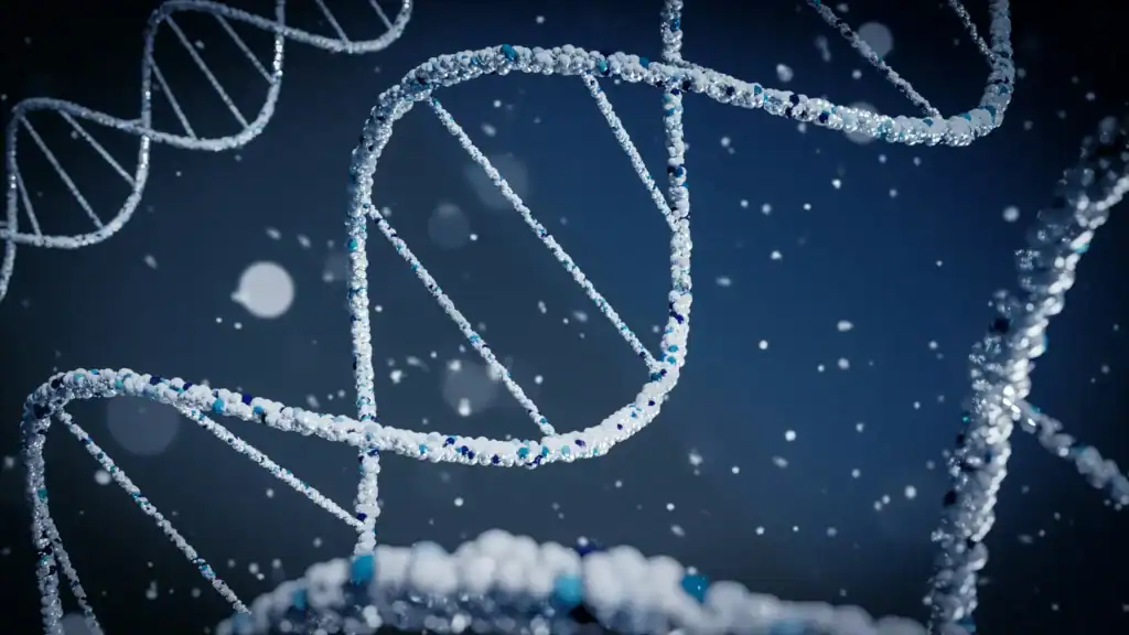 A twisty DNA shape made of lots of tiny blue and white balls. It looks very detailed, like it would be really tricky to pick out just one of the little balls