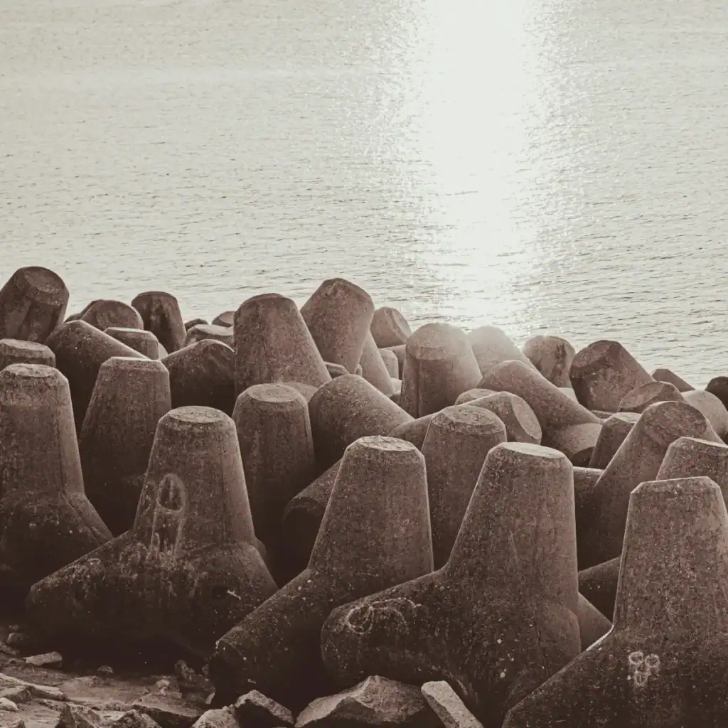 Large concrete tetrapods forming a coastal flood barrier are stacked along the shoreline, with sunlight reflecting brightly off the calm sea in the background.