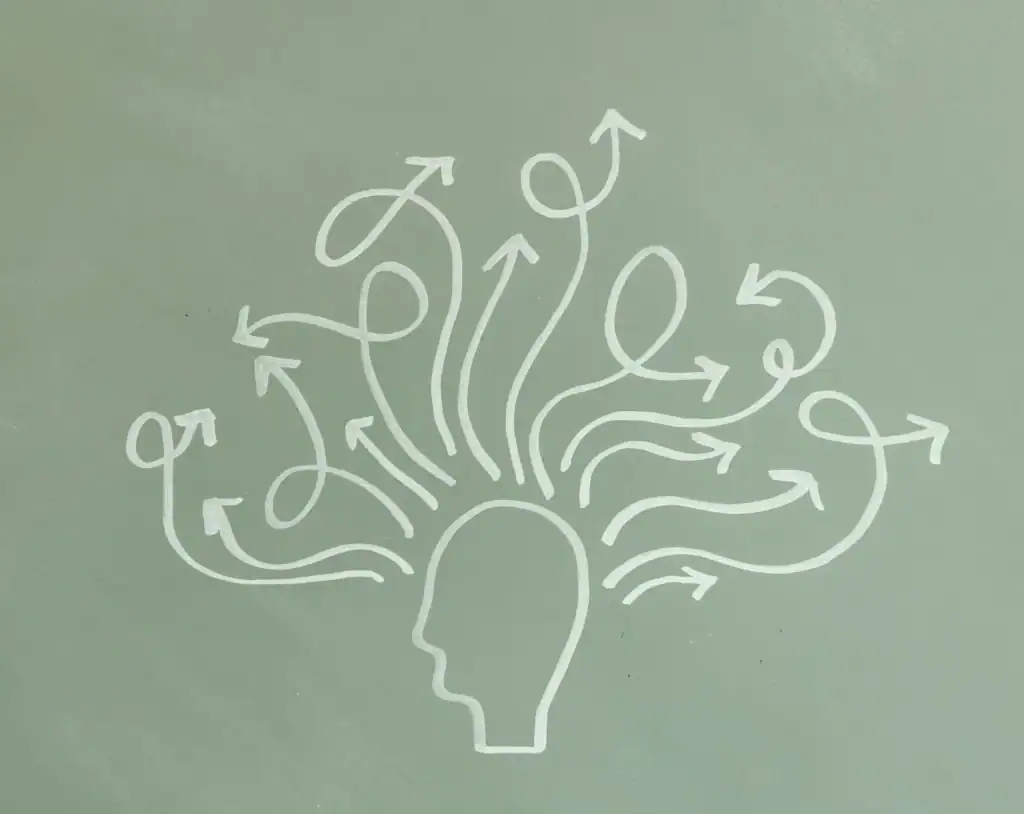 A simplistic line diagram of a head with many swirling arrows expanding outwards from the head. It represents the sometimes confused jumble of thoughts people with conditions such as ADHD or learning difficulties experience.