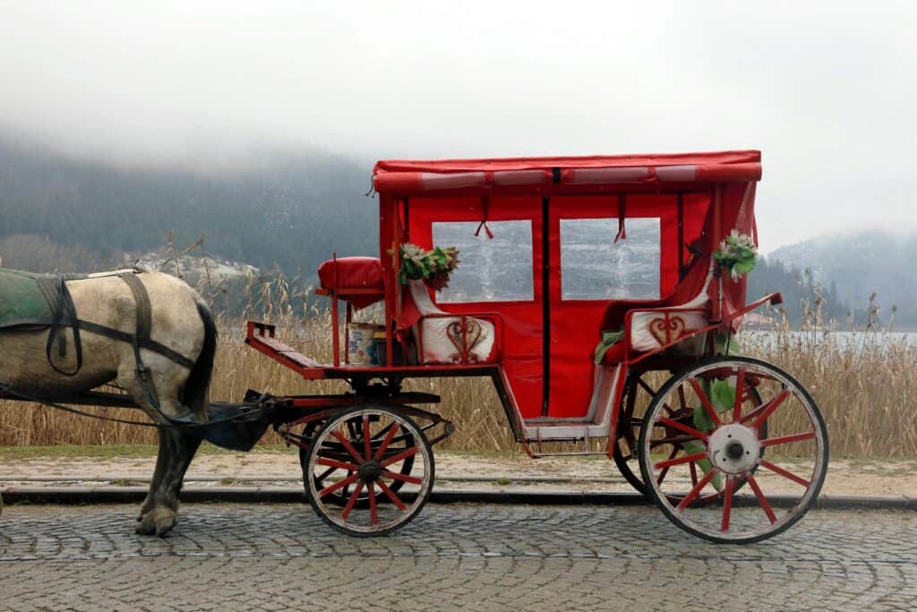 A horse is pulling an old-fashioned red cart on a cobbled street. In the background is a misty lake. It is reminiscent of the transport of a bygone error. 