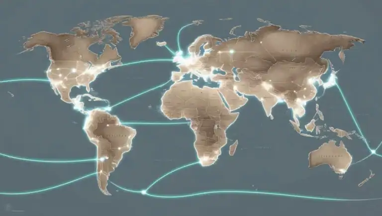 The world map is shown with a series of glowing lines connecting various locations, symbolising the increasingly interconnected healthcare world.