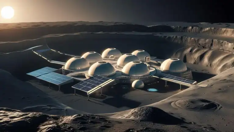 An imagined futuristic lunar base, nestled within a crater. The base is a complex of white domes connected by walkways, with solar panels reflecting sunlight. The lunar surface shows regolith textures