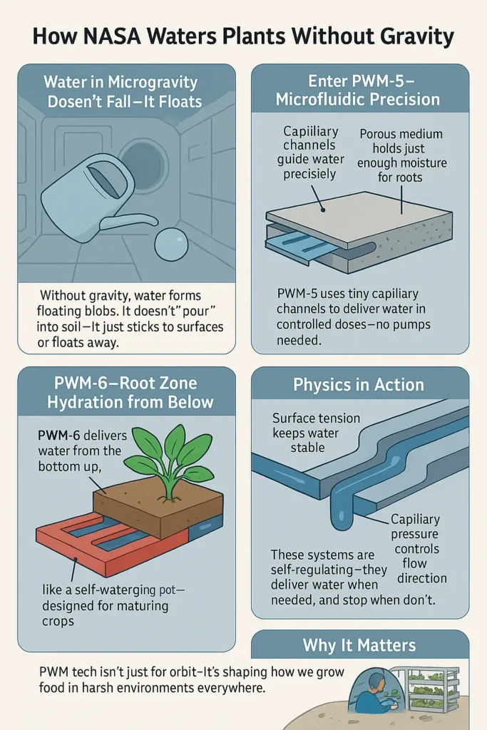 An infographic showing the problem of water movement in microgravity when watering plants and how PWM5 and 6 seek to solve it by using capillary action and 3.D printed materials.