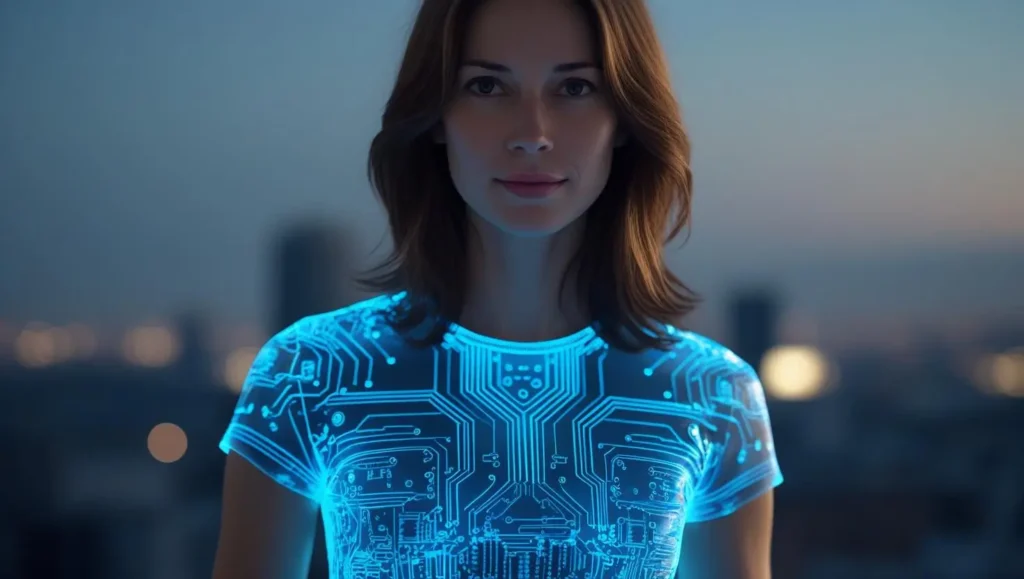 A brunette young woman looks at the camera. She is wearing a shirt that is glowing and covered with electric circuits. It gives a very futuristic feel.