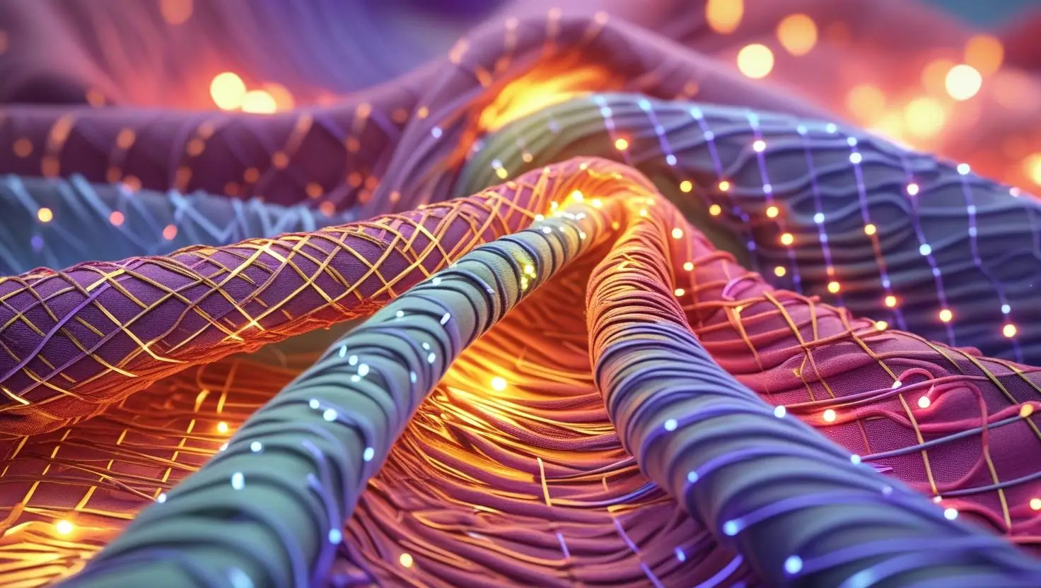 A folded piece of futuristic looking multicoloured fabric. Embedded into the material are small lights and metallic wires. It gives the feeling of beauty and innovation.