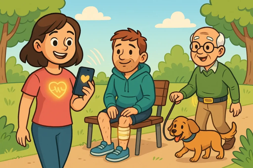 A cartoon image of a woman wearing a smart T-shirt and holding her phone, a man on a bench wearing a bandage and an old man walking a dog wearing a belt. It depicts the scene described above. 