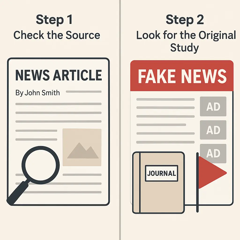 A diagram representing the Fake News freebie. On the left hand side it reads Step 1- Check the Source with a picture of a newspaper and a magnifying glass. ON the right it reads Step 2- look for the original study with a newspaper article with 'Fake news' as the headline standing behind a scientific journal with a red flag next to it.