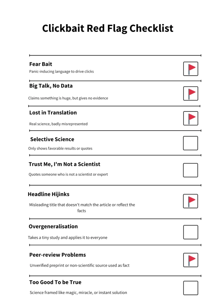 A fake news checklist. Red flags stand next to the catagories-Fear Bait, Lost in Translation, Big Talk no data, Headline hijinks and Peer-review problems.