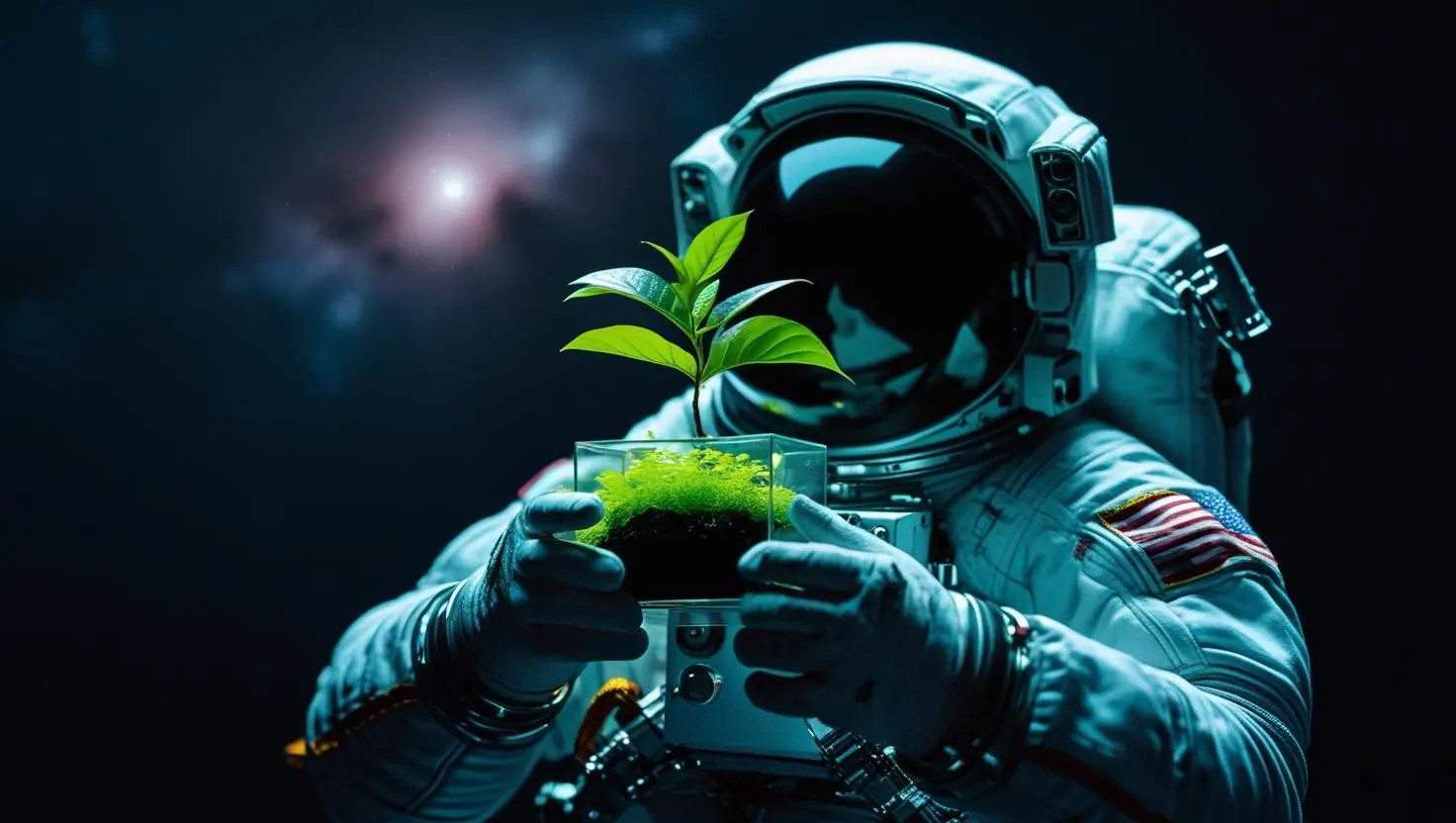 An astronaut in a spacesuit holds a small green plant