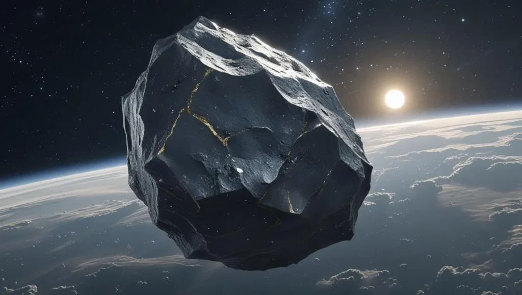An asteroid fills most of the screen. Its surface is bumpy and uneven. IN the disnace is a sun rising above the surface of the Earth