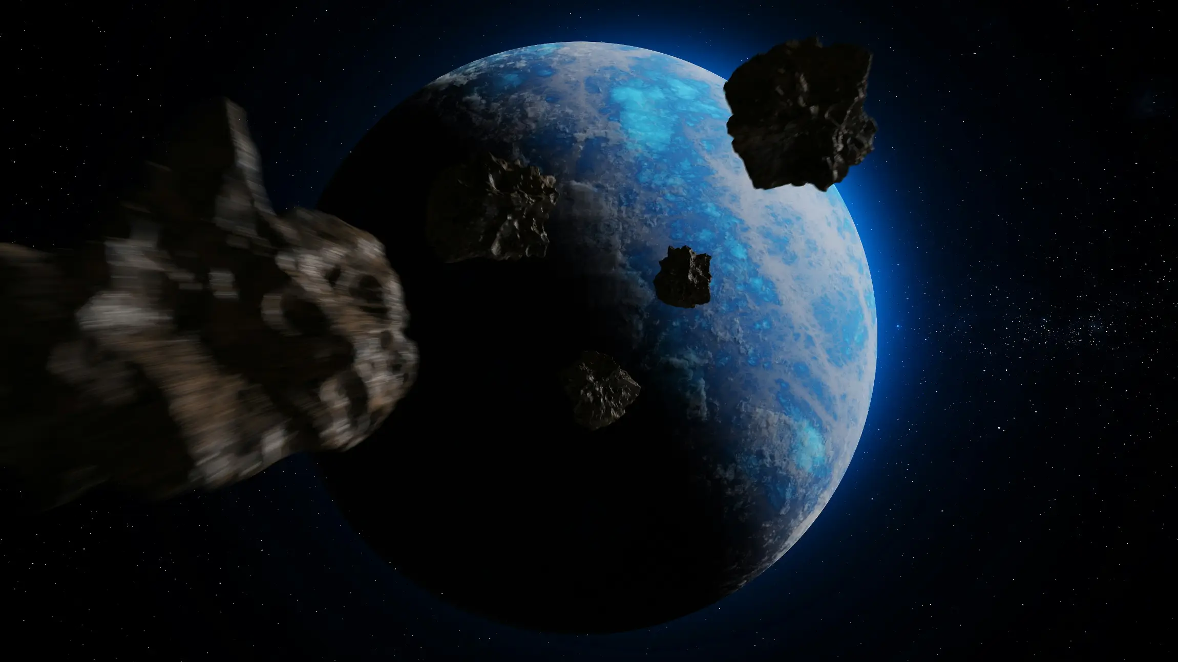 Several asteroids can be seen floating near am blue alian planet