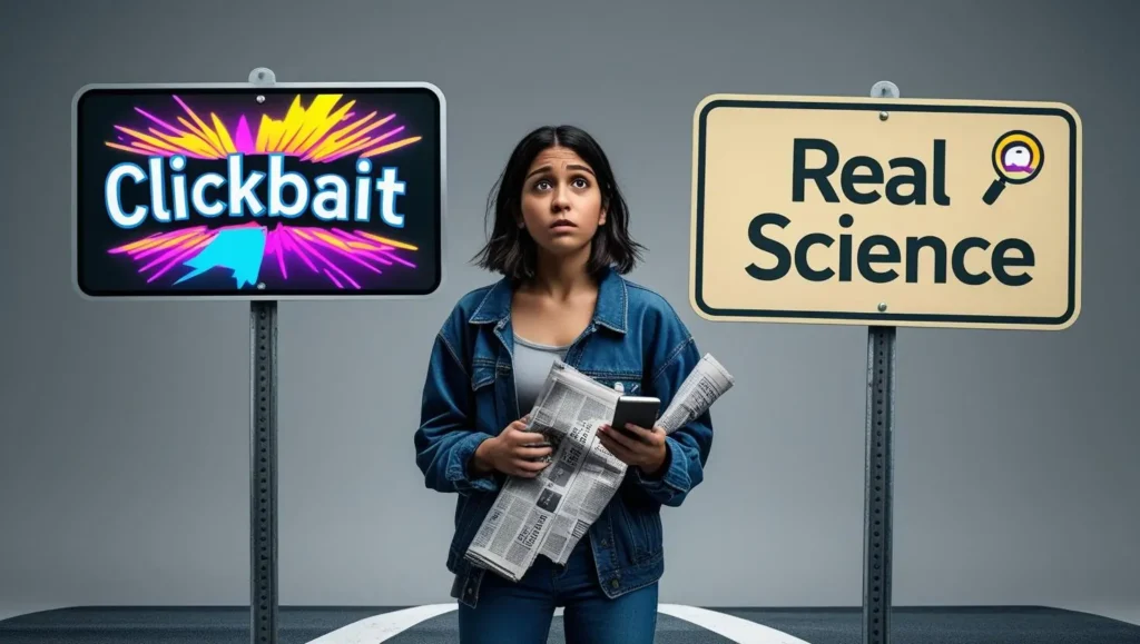 A young Hispanic woman with shoulder-length dark hair, wearing a simple denim jacket and jeans, stands at a crossroads, looking perplexed. In one hand, she holds a crumpled newspaper; in the other, a smartphone. To her left, a road sign displaying "Clickbait" features flashy, neon headlines and vibrant, attention-grabbing colors. To her right, a contrasting sign reading "Real Science" is displayed in calm, muted tones and features a simple magnifying glass icon. The scene is brightly lit, with a realistic style emphasizing the contrast between the two paths.