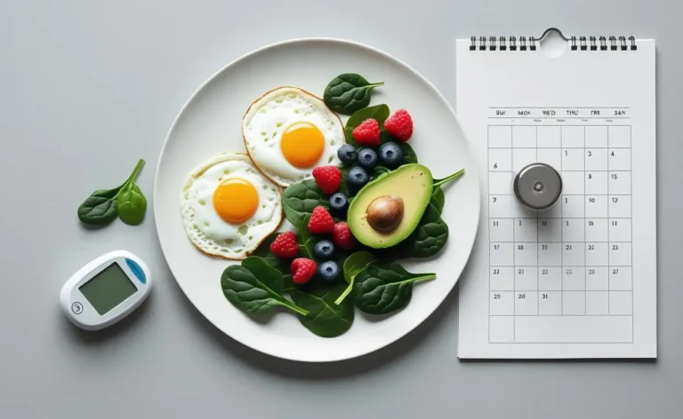 A clean, minimal flat-lay image on a light gray surface. Centered is a pristine white plate featuring vibrant, fresh ingredients: dark green spinach, bright red raspberries and blueberries, two sunny-side-up eggs, and half a creamy avocado. To the upper right of the plate, a simple, uncluttered calendar page is partially visible, subtly suggesting a meal plan. Discreetly placed near the lower left of the plate is a small, modern glucose meter, hinting at health management. The overall aesthetic is bright, airy,