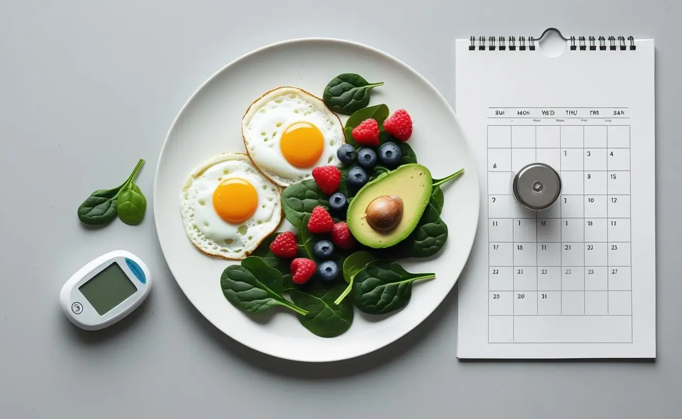 A clean, minimal flat-lay image on a light gray surface. Centered is a pristine white plate featuring vibrant, fresh ingredients: dark green spinach, bright red raspberries and blueberries, two sunny-side-up eggs, and half a creamy avocado. To the upper right of the plate, a simple, uncluttered calendar page is partially visible, subtly suggesting a meal plan. Discreetly placed near the lower left of the plate is a small, modern glucose meter, hinting at health management. The overall aesthetic is bright, airy,
