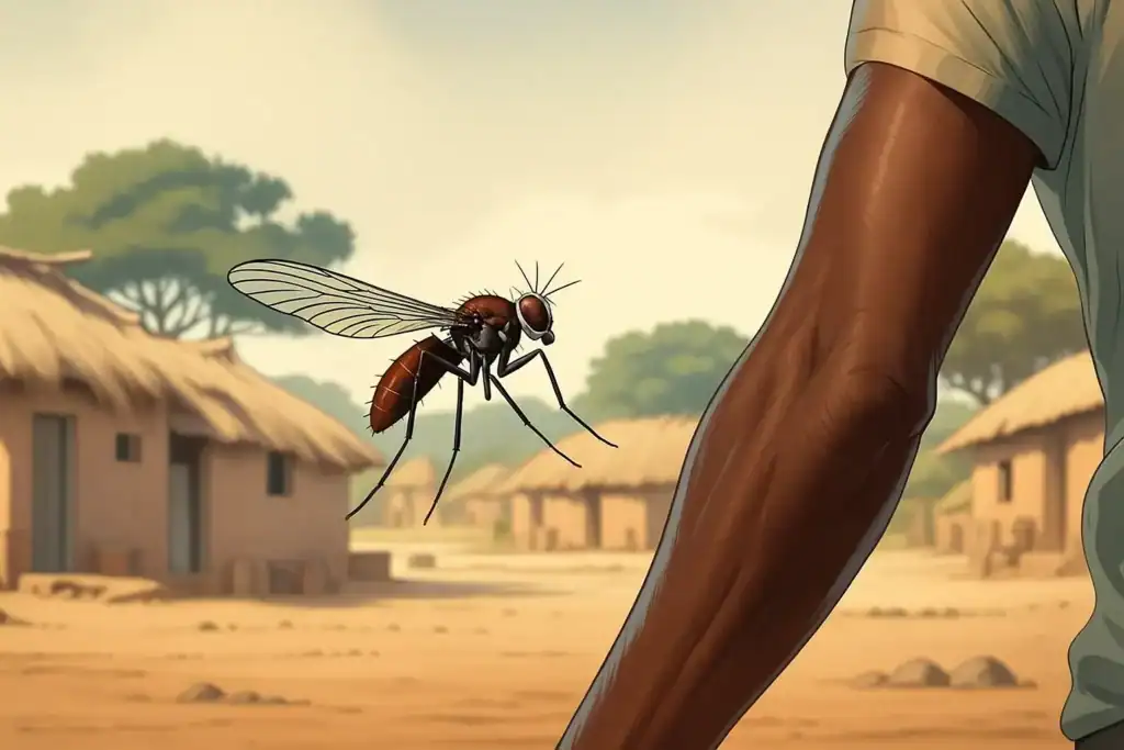 A farmer stands facing an African village. A fly can be seen nearing his arm