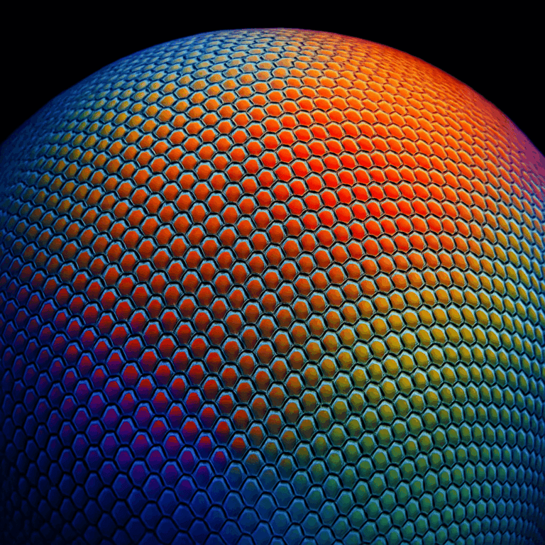 A close up of a flies compund eye. `Hundreds of tiny hexagonal lenses can be seen. The eye is bathed in a rainbow light making it appear beautiful.