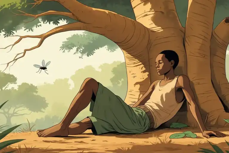 Illustration of a young man resting with closed eyes against the trunk of a large tree in a forest, wearing a sleeveless shirt and green shorts, while a tsetse fly hovers nearby