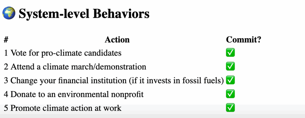 A lost of collective actions givent o participants in the study- things like voting for green policies.