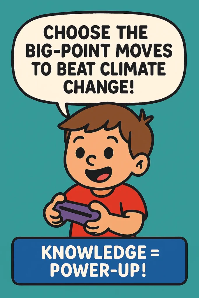A cartoon of a boy with a video game controller in his hands. A speach bubble reads "choose the big-point moves to beat climate change" Underneath him a panel reads knowledge equals power up/ 