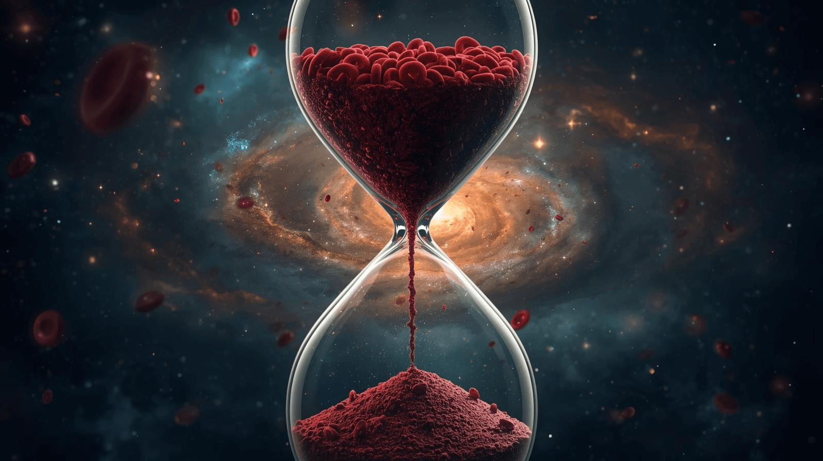An hourglass filled with blood cells in the top half drains like the sands of time into the bottom, where the cells are broken up and more sand-like. In the background, we can see a swirling galaxy. It represents the concept of them stem cells degrading over time in space