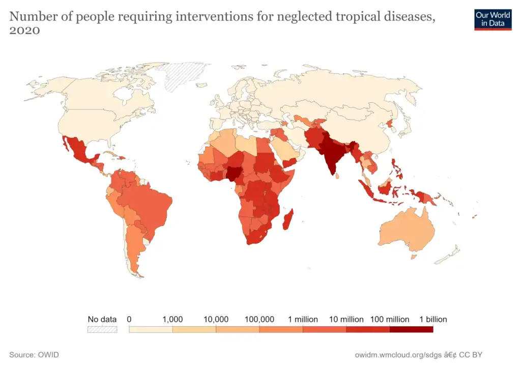A map of the world showing the numner of people needing treatment for NTDs across the world in 2020. Cases are clearly clustered in Sub-Saharan Africa, South America and parts of Asia.