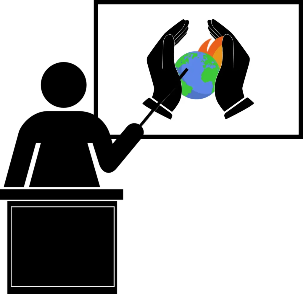 A simple line drawing of a person standing at a teachers desk with a stick pointing to a poster on the wall. It shows planet earth on fire with two hands surrounding it protectively. It symbolises teaching about effective climate actions