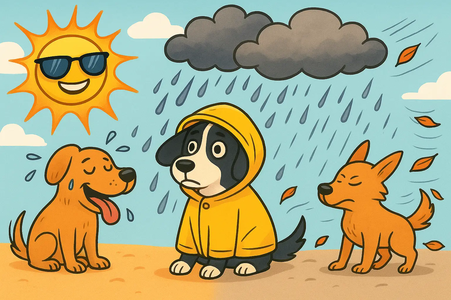 three cartoon dogs are shown. One sweltering under a hot sun. One getting blown by the wind. And one in a yellow raincoat stood under a raincloud. The picture is amusing.
