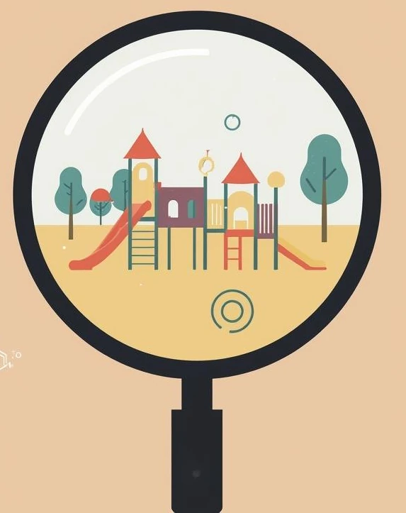 A cartoon of a childrens playground can be seen through the lens of a magnifying glass